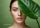 Elegant Woman with Green Leaf Covering One Eye Fresh Natural Beauty