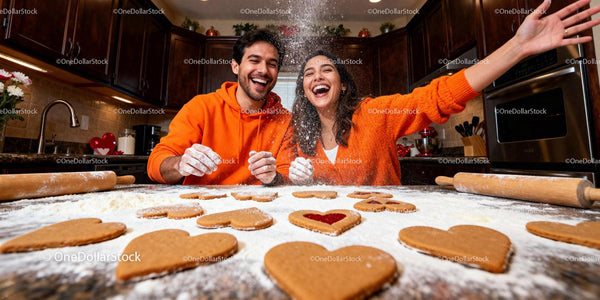 Happy couple baking heart-shaped cookies together