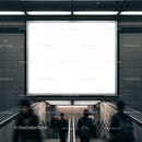 Commuters descending stairs under blank urban billboard