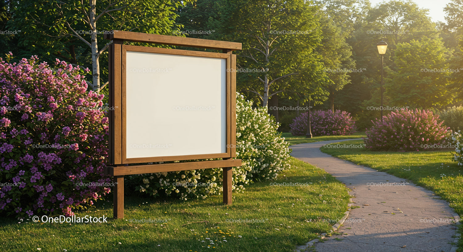 Wooden signboard in blooming park pathway at sunset