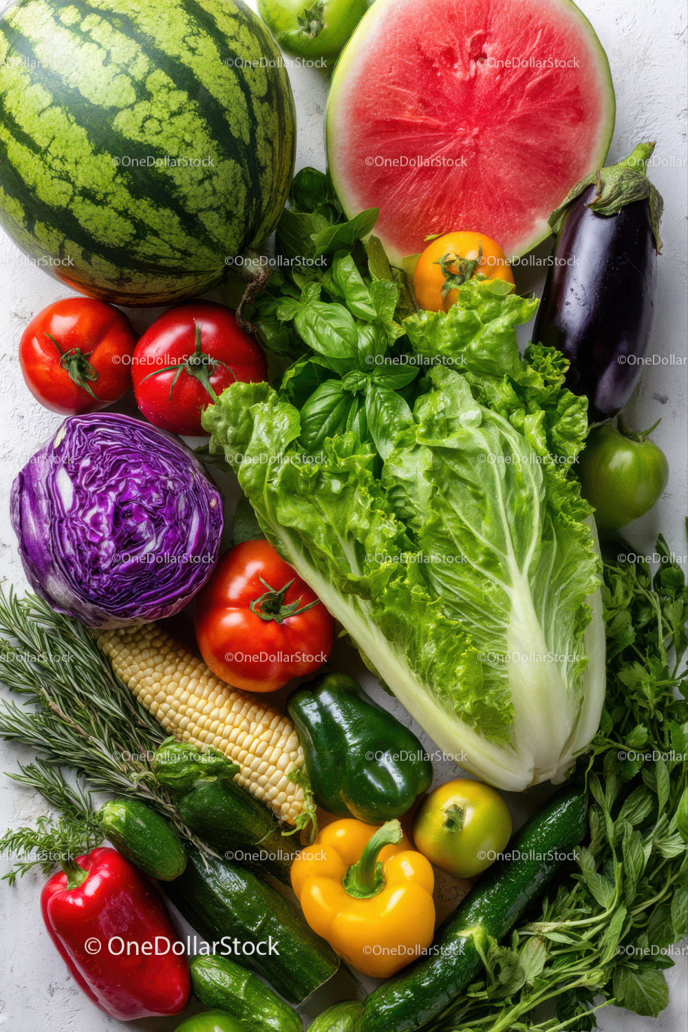 Fresh Watermelon, Eggplant, Bell Peppers and Leafy Greens on White Surface