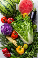 Fresh Watermelon, Eggplant, Bell Peppers and Leafy Greens on White Surface