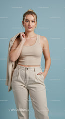 Elegant Young Woman in Beige Tank Top and Cream Trousers against Blue Background