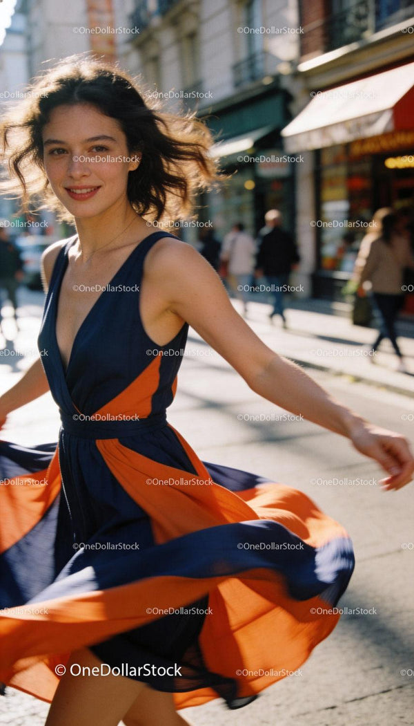 Young woman twirling joyfully in vibrant summer dress