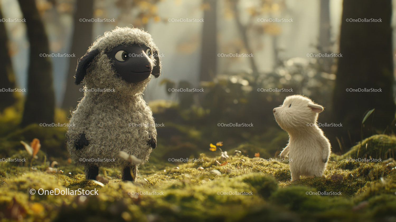 Whimsical Forest Scene with Animated Sheep and Rabbit