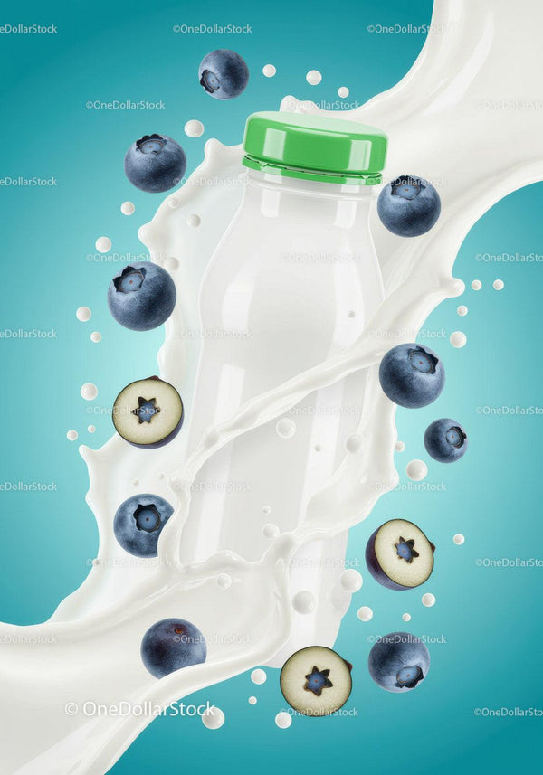 Bottle with Blueberries Splashing in Fresh Milk JPG Mockup Image