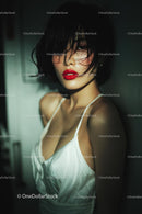 Elegant Woman with Red Lips in Stylish Evening Dress