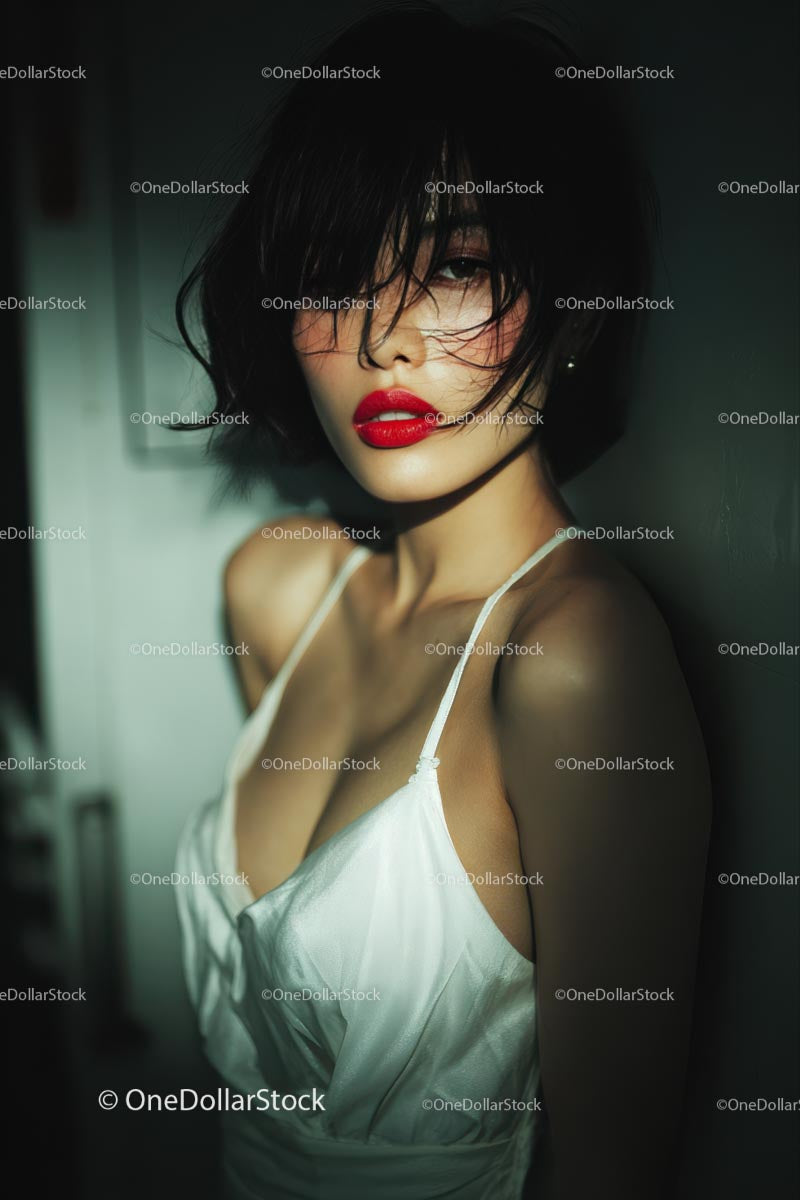 Elegant Woman with Red Lips in Stylish Evening Dress