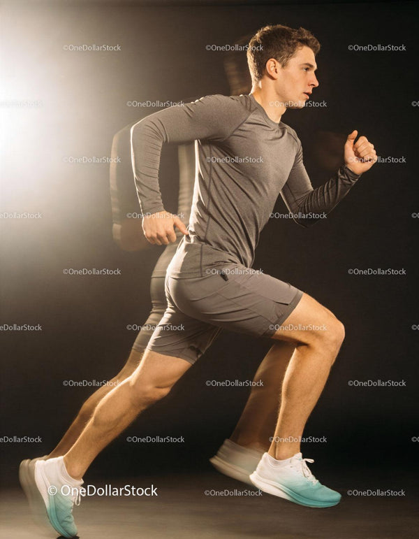 Athletic young man sprinting in studio with dynamic motion