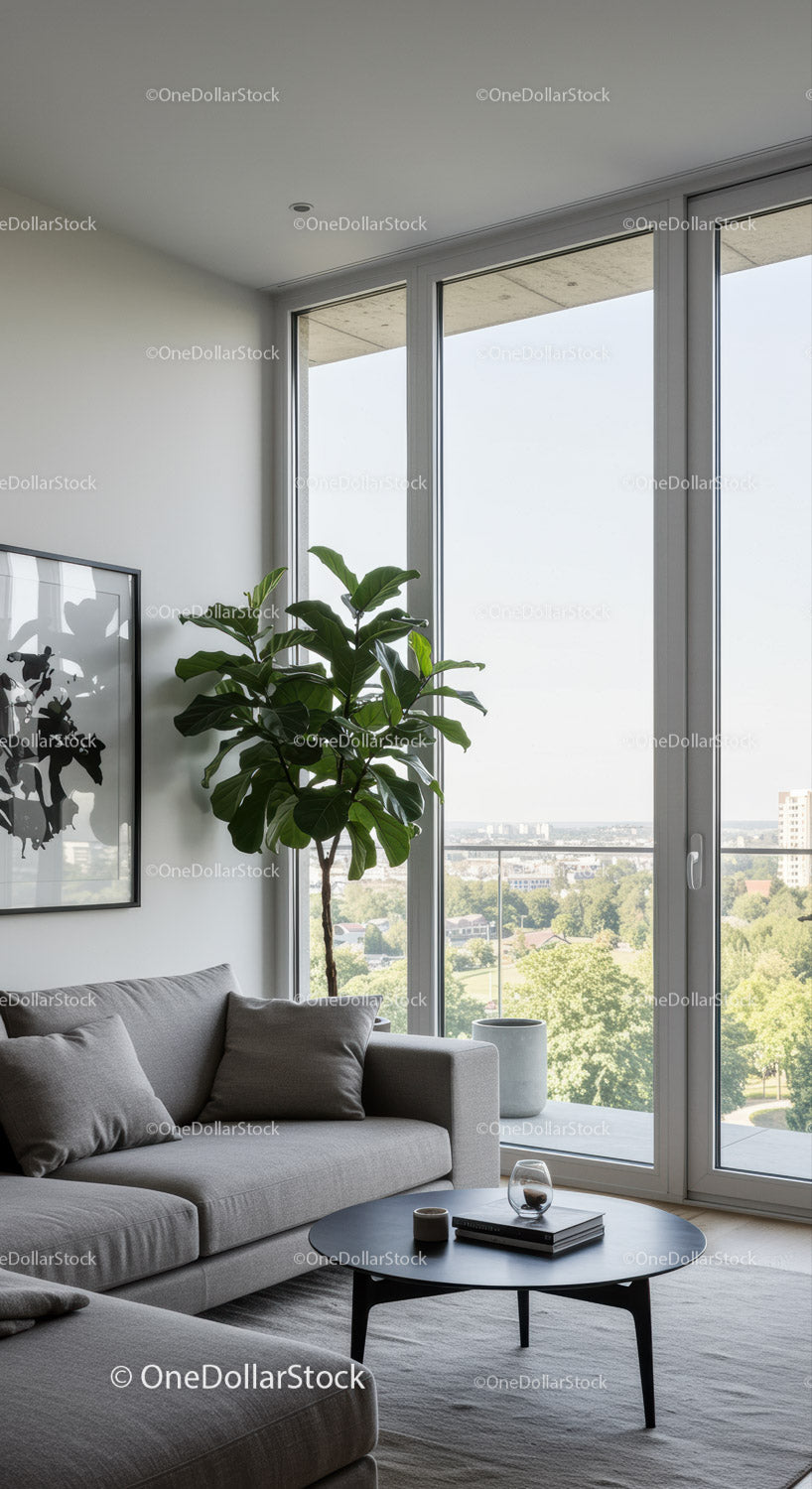 Bright Modern Living Room with Large Windows and Indoor Plant