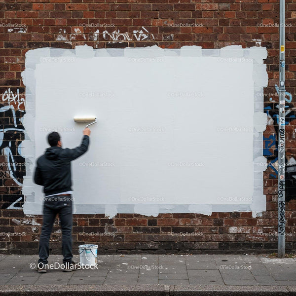 Man painting blank white rectangle on brick wall JPG Mockup Image