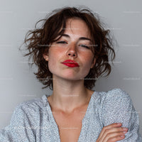 Confident Woman with Curly Hair and Bright Red Lipstick