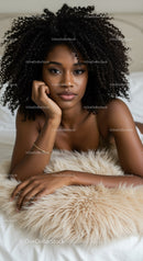 Relaxed young woman resting on soft fur pillow at home