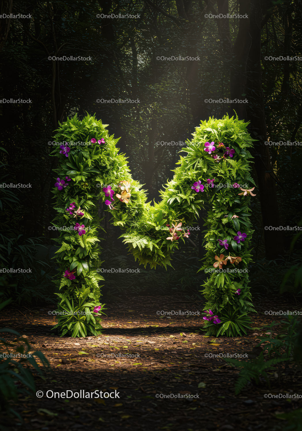 Lush Green Letter M with Vibrant Flowers in Forest