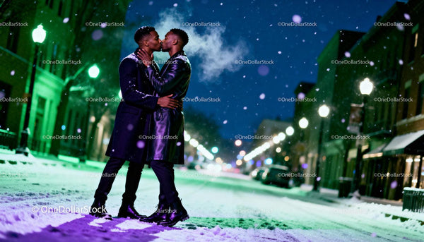 Couple sharing a romantic kiss on snowy city street