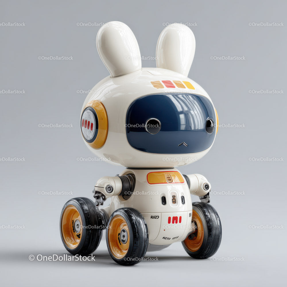 Cute Futuristic Robot Toy with Orange Wheels and Large Blue Visor