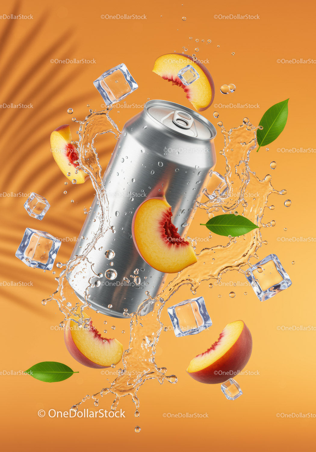 Refreshing Peach Soda Splashing with Ice Cubes
