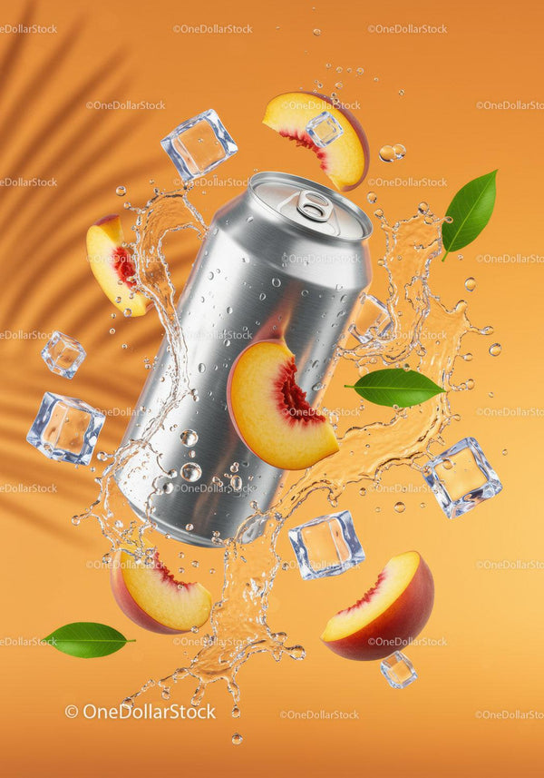 Refreshing Peach Soda Splashing with Ice Cubes