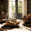 Rustic Kitchen Morning Scene with Croissants Coffee and Fresh Fruit