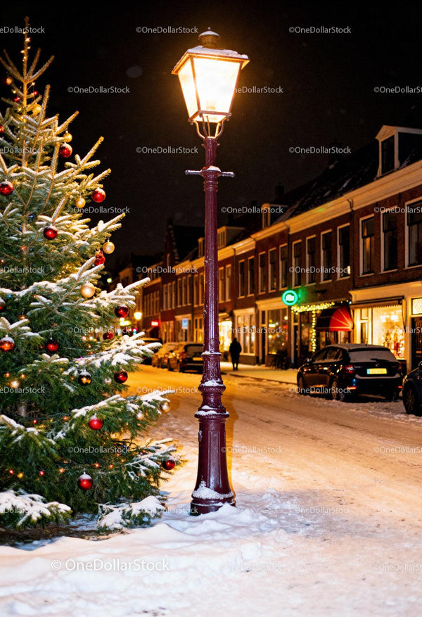 Snowy street with decorated Christmas tree and glowing lamp