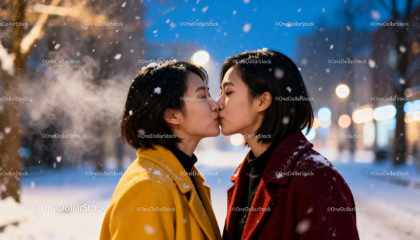 Couple sharing a tender kiss in snowy winter evening