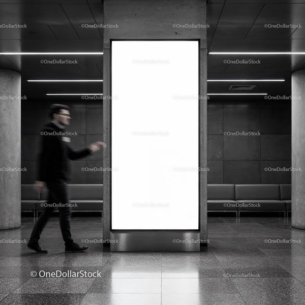 Blurred Man Walking Past Large Blank Advertising Panel JPG Mockup Image