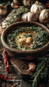 Herbal Garlic Dip with Red Chili Peppers and Rosemary on Rustic Board
