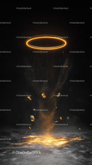 Futuristic Golden Light Ring Surrounded by Sparkling Particles and Glow