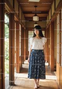 Elegant Woman Walking Inside Traditional Japanese Wooden House