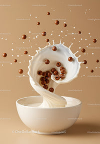 Chocolate cereal splashing into creamy milk bowl