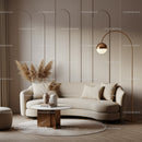 Elegant beige living room with curved sofa and modern decor