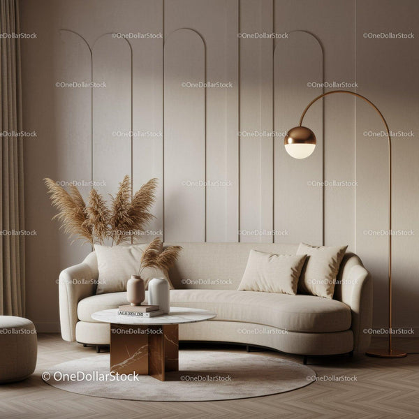Elegant beige living room with curved sofa and modern decor