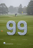 Creative golf balls display with number ninety nine on course