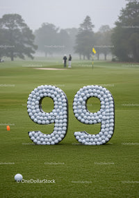 Creative golf balls display with number ninety nine on course