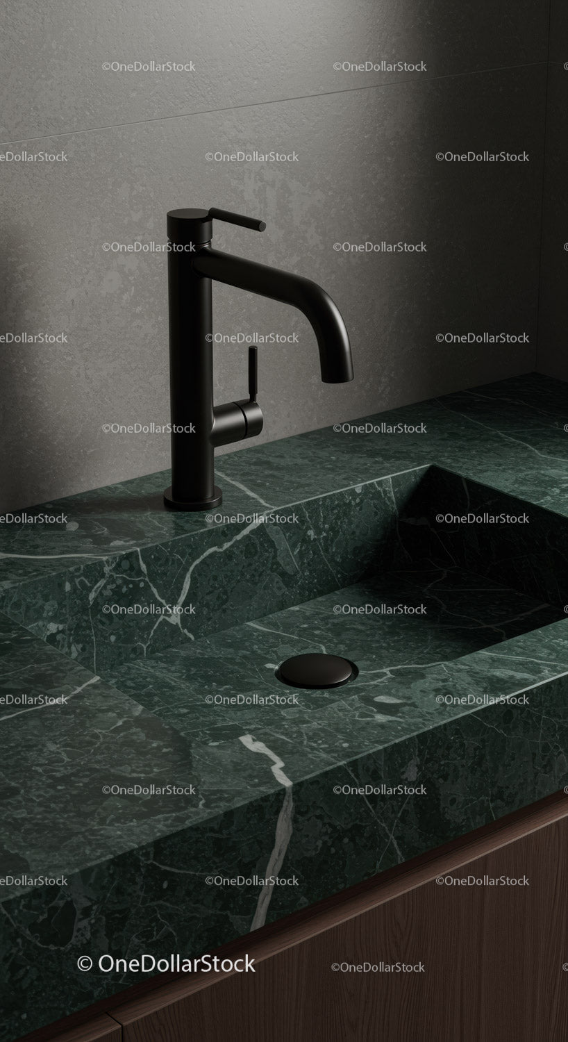 Modern Black Faucet Over Green Marble Sink in Stylish Bathroom