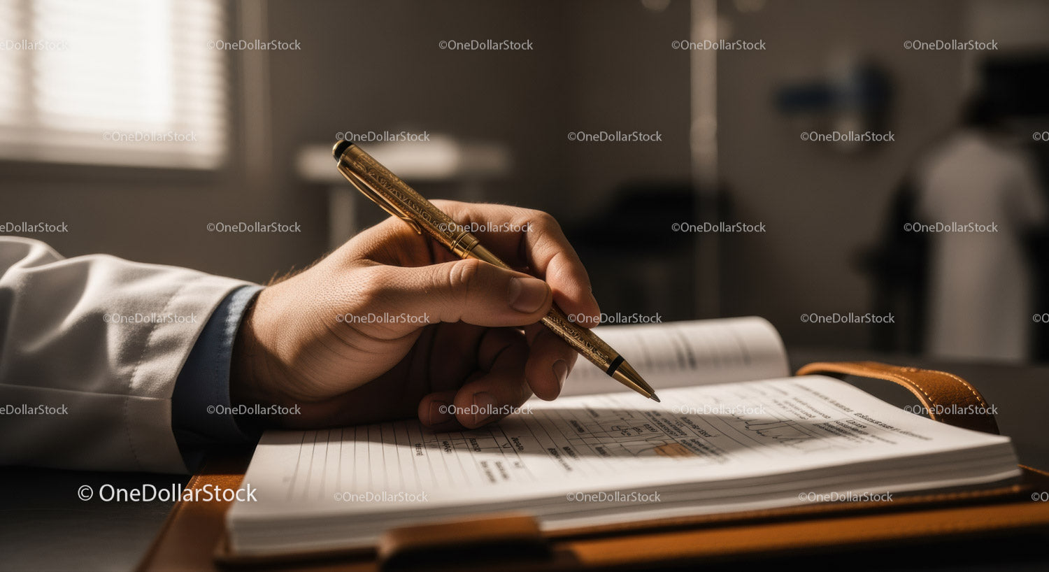 Professional Hand Writing Business Document in Modern Office