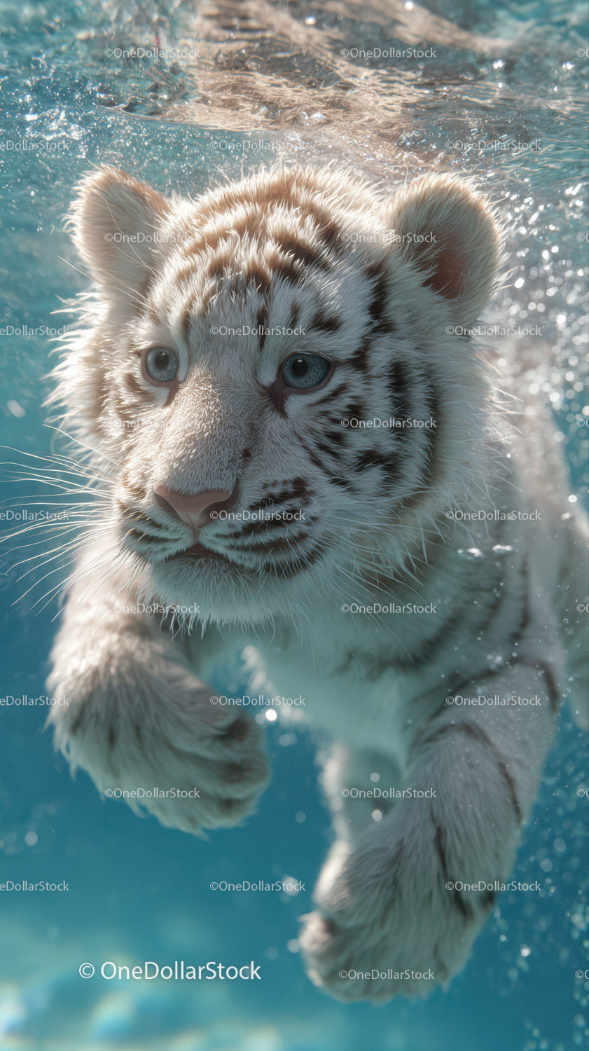 White tiger cub swimming underwater with piercing blue eyes