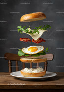 Deconstructed breakfast bagel with egg and fresh greens