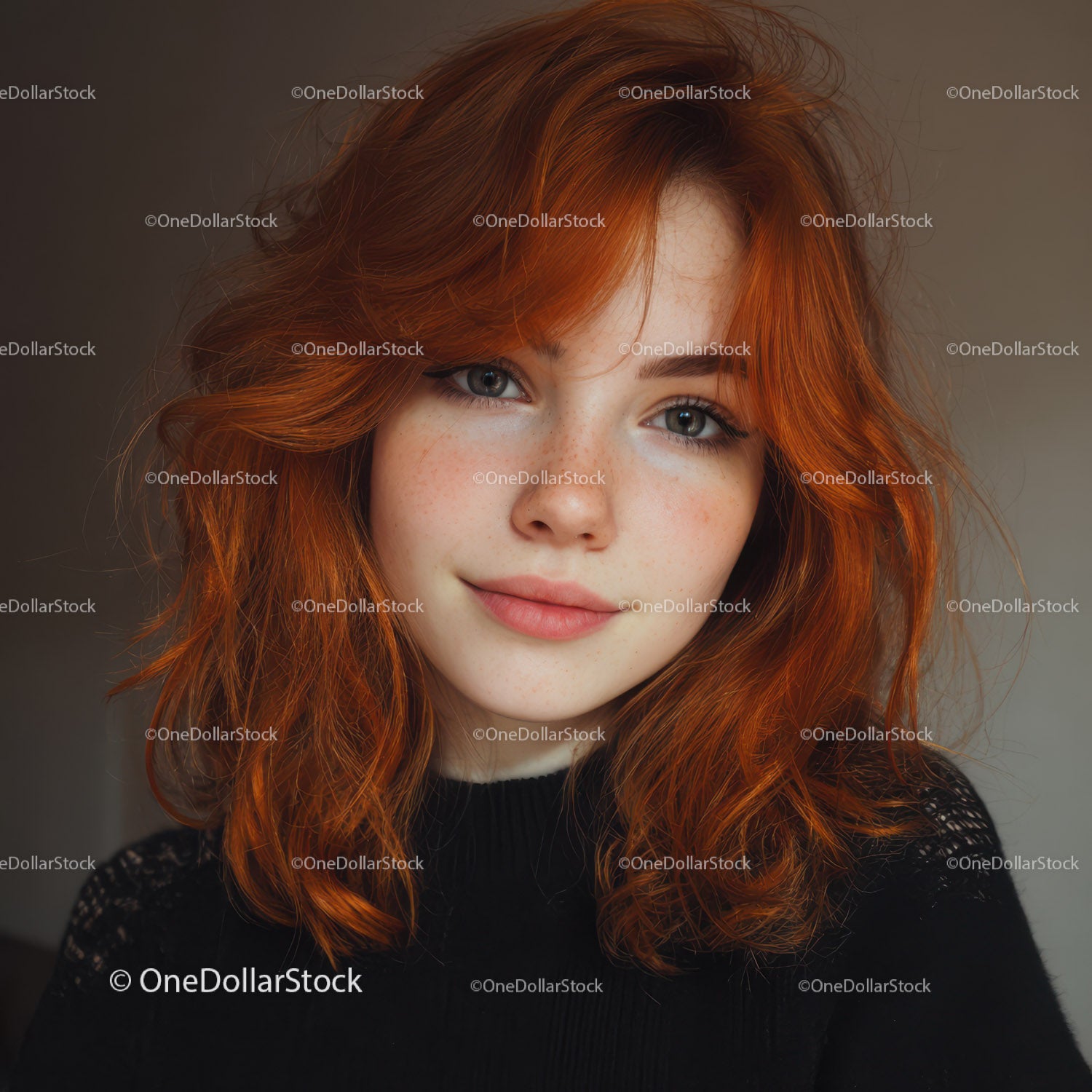 Portret kobiety o rudych, kręconych włosach, naturalnym pięknie i czarującym uśmiechu