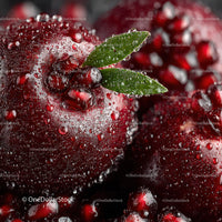 Close-up of Juicy Red Pomegranate with Green Leaves