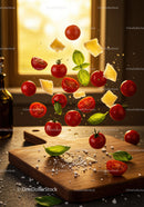 Fresh cherry tomatoes with basil and Parmesan flying