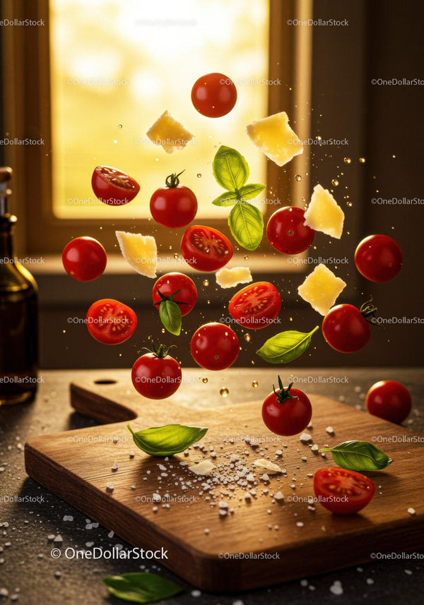 Fresh cherry tomatoes with basil and Parmesan flying