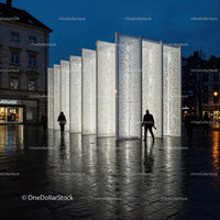 Modern Urban Light Sculpture with Illuminated Panels in City Square