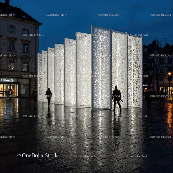 Modern Urban Light Sculpture with Illuminated Panels in City Square JPG Mockup Image