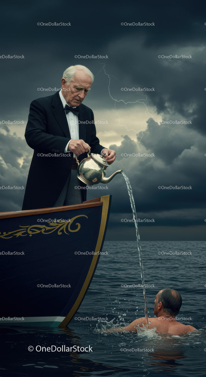 Stormy Sea Scene with Man in Tuxedo Pouring Water into Another Man