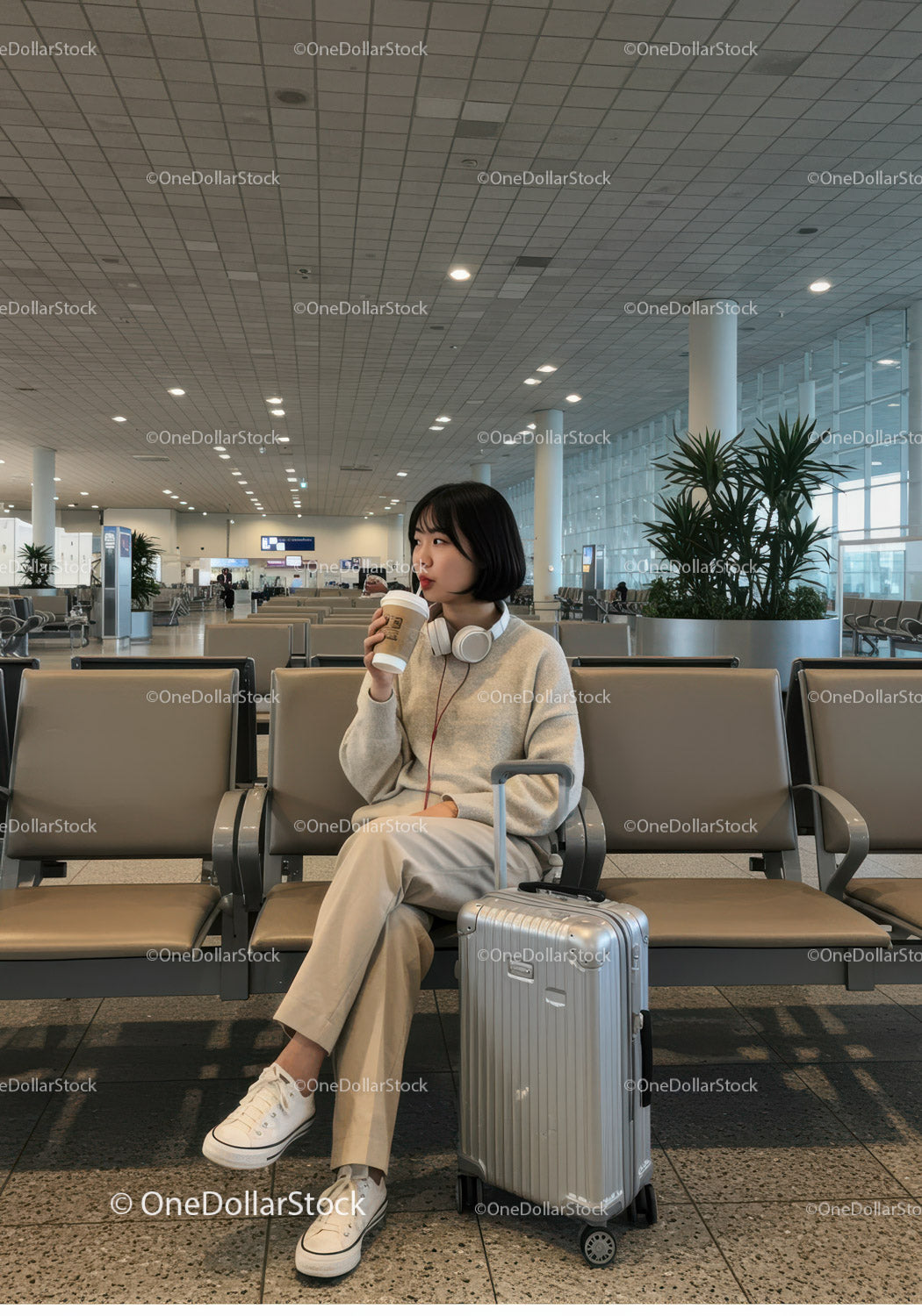Young Woman Sitting with Suitcase in Modern Airport Terminal