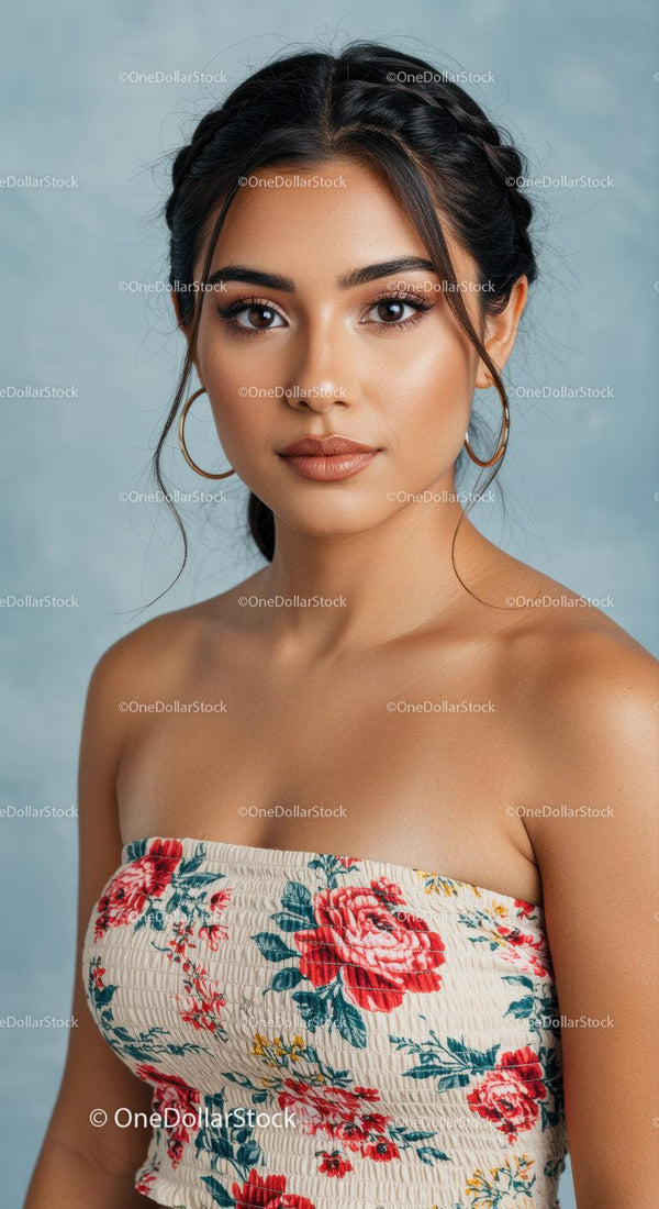 Portrait of Elegant Woman Wearing Floral Dress and Hoop Earrings
