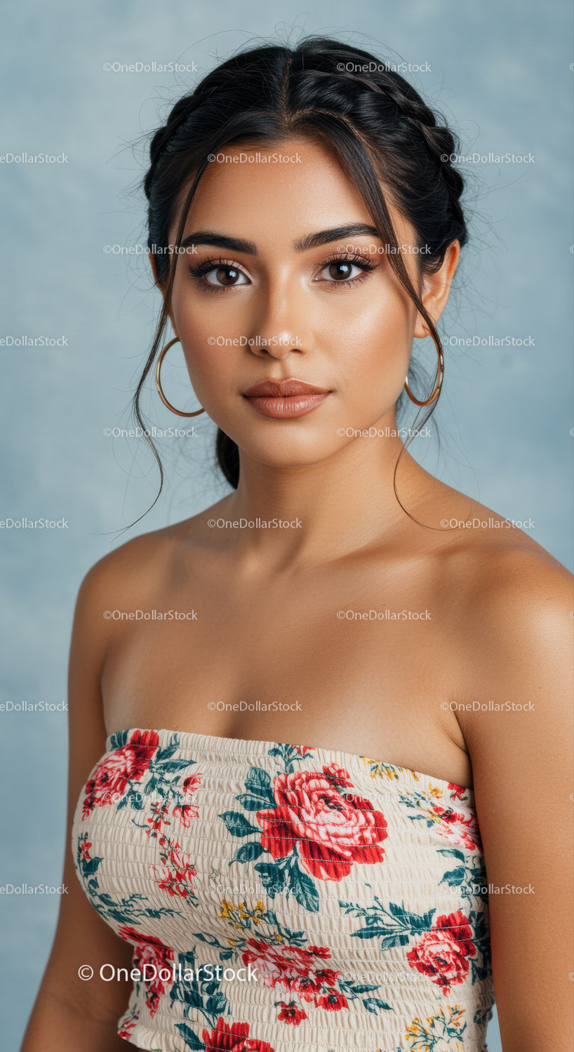 Portret eleganckiej kobiety w kwiecistej sukience i kolczykach-kołach