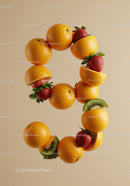 Creative number nine made of sliced oranges and strawberries