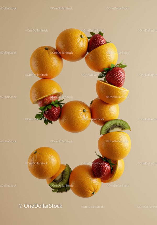 Creative number nine made of sliced oranges and strawberries